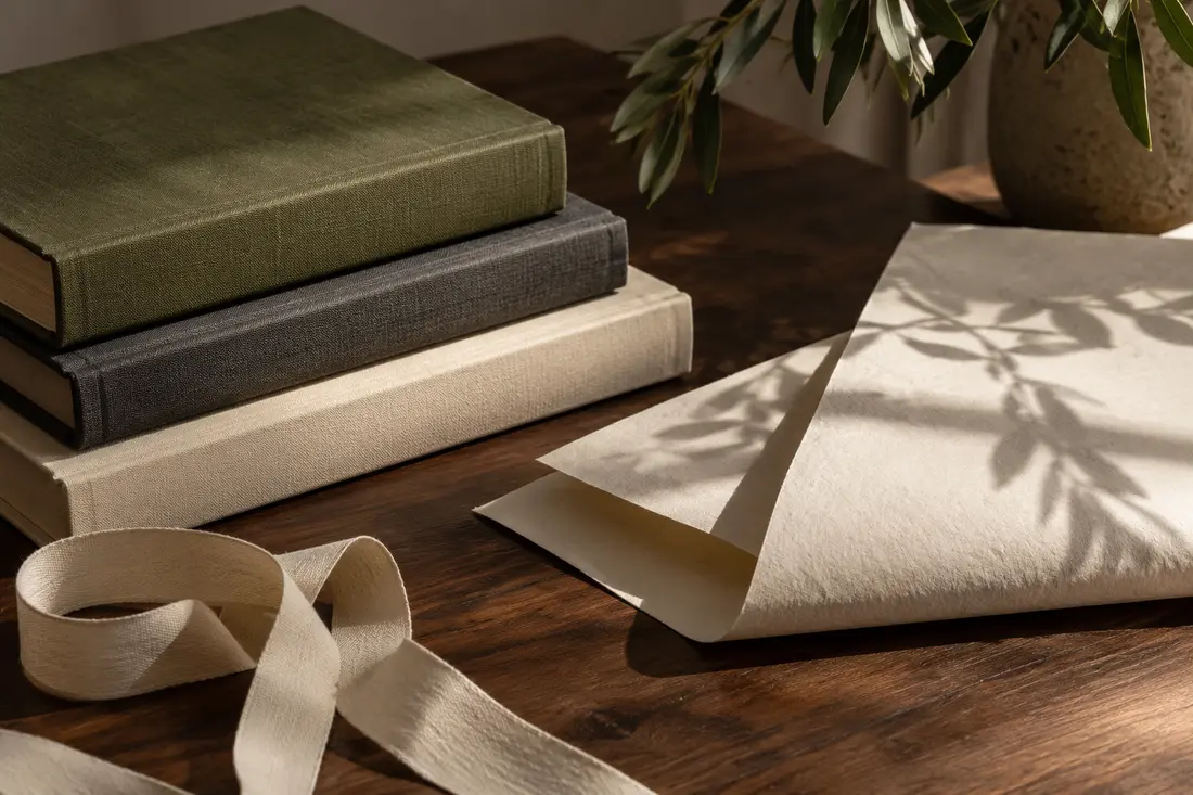 Cloth-bound books, textured wrapping paper and a cotton ribbon.