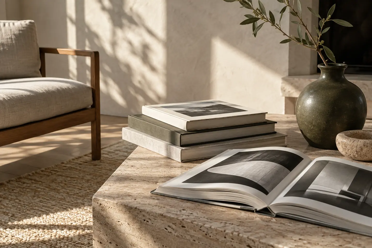 An editorial still life of unbranded books, stone and olive ceramics.