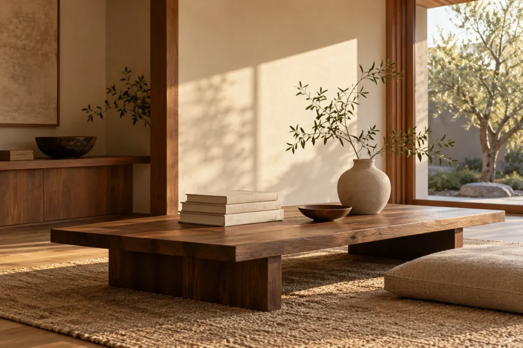 Blank linen books and a ceramic vase on a low wooden table in a sunlit reading room. AI-generated editorial illustration.