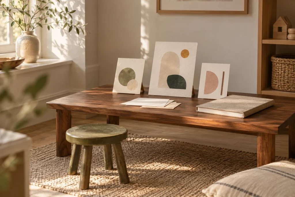 Small abstract paper artworks arranged on a low wooden table beside a blank book. AI-generated editorial illustration.