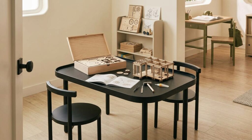 AI-generated editorial illustration of a model-building workspace with a wooden architectural model on a dark table.