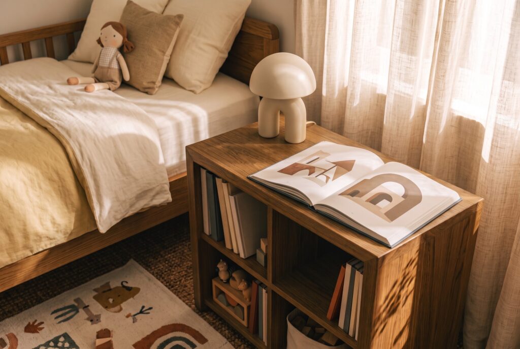 AI-generated editorial illustration of an open architecture book on a wooden bedside shelf in a warm, softly lit room.