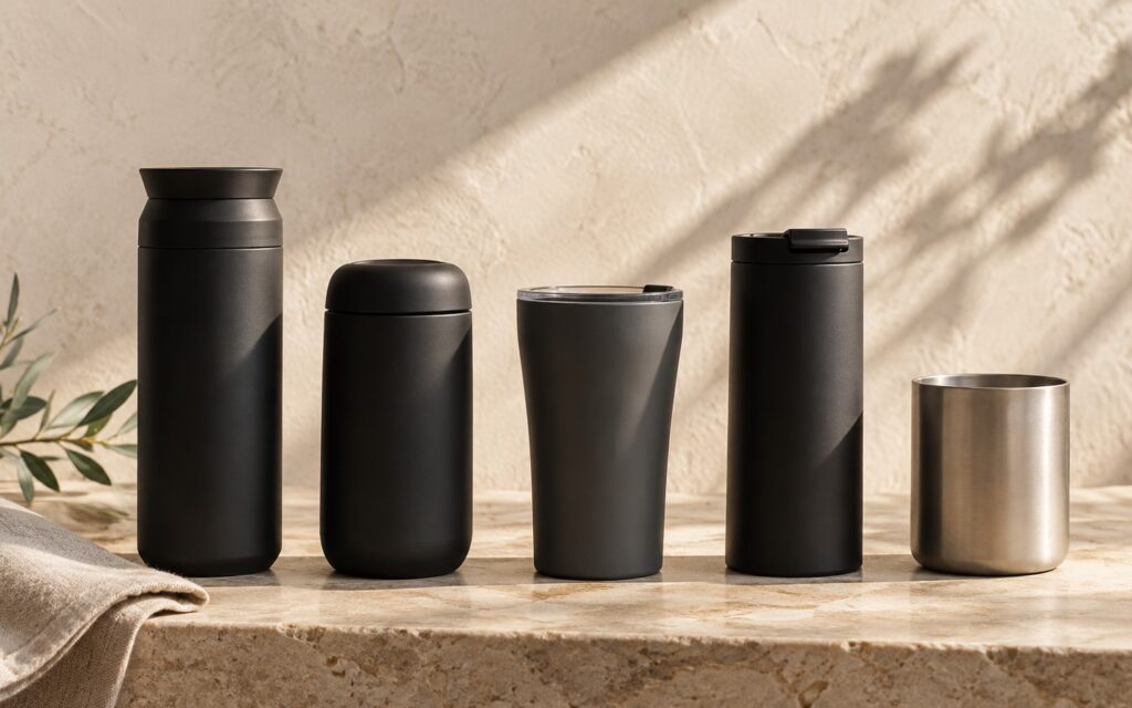 Minimalist black and titanium coffee travel vessels in a warm stone editorial setting.