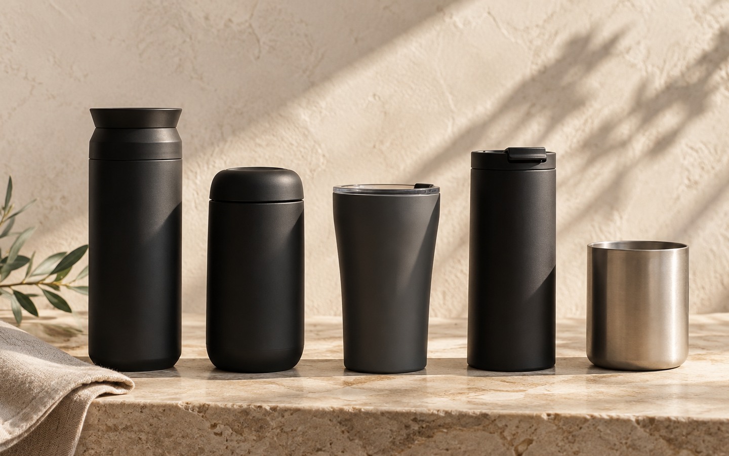 Minimalist black and titanium coffee travel vessels in a warm stone editorial setting.
