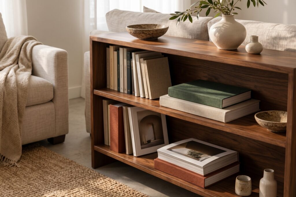 Books and ceramic vessels arranged on a low walnut bookshelf beside a cream sofa; AI-generated editorial illustration.