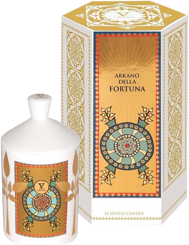 Actual Arkano della Fortuna ivory lidded candle with a printed gold, red and green wheel motif and matching presentation box.
