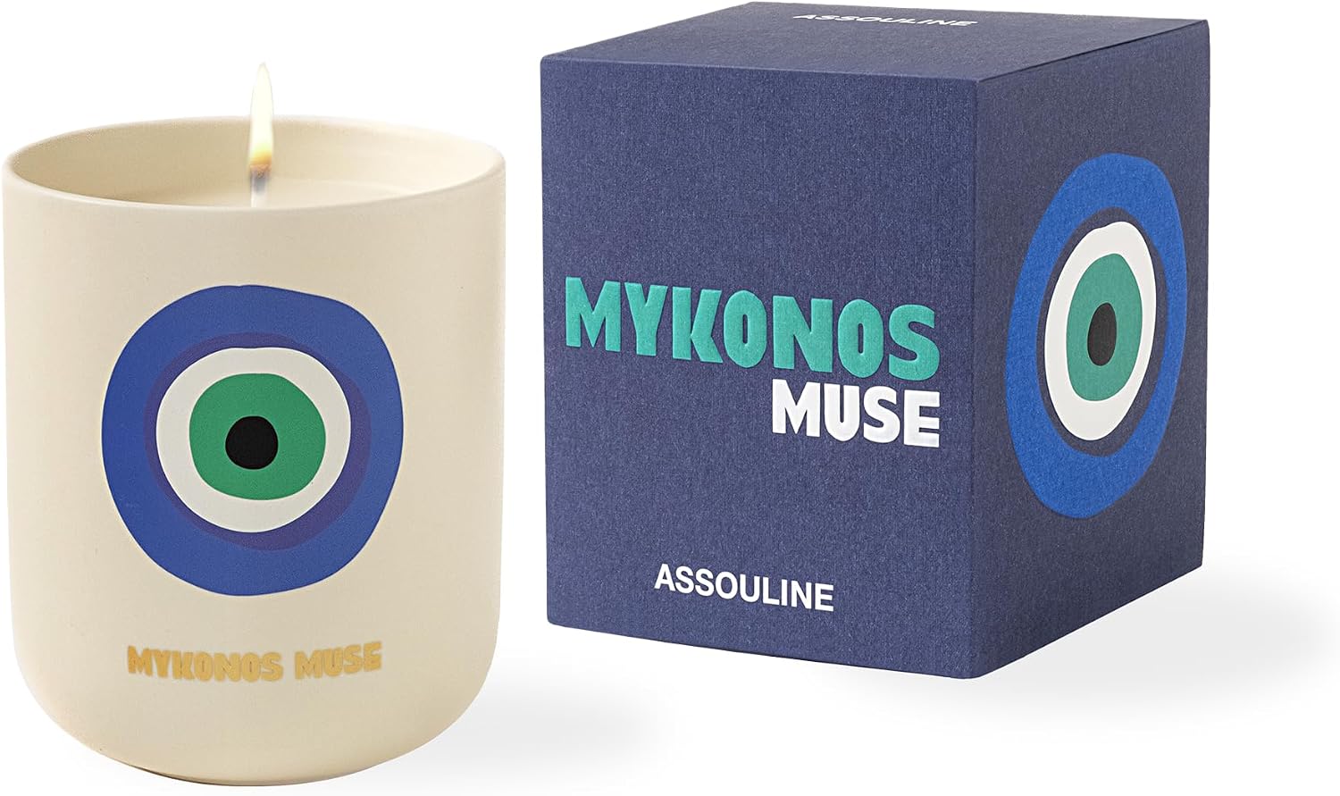 Actual Mykonos Muse candle with a blue, white and green eye motif on an ivory vessel, shown lit beside its navy box.