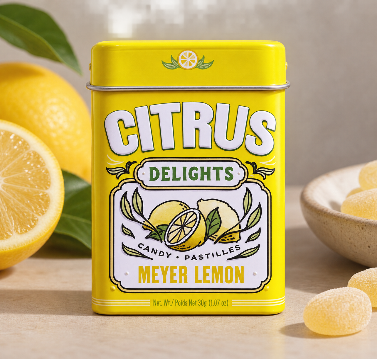 Yellow Citrus Delights Meyer Lemon candy tin beside lemons and lemon pastilles on a light tabletop
