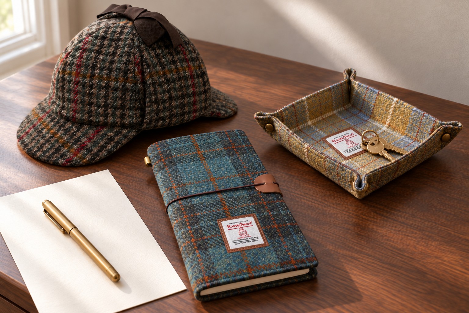 Harris Tweed deerstalker hat, navy travel diary and yellow-blue valet tray on a walnut desk — AI-assisted editorial composite