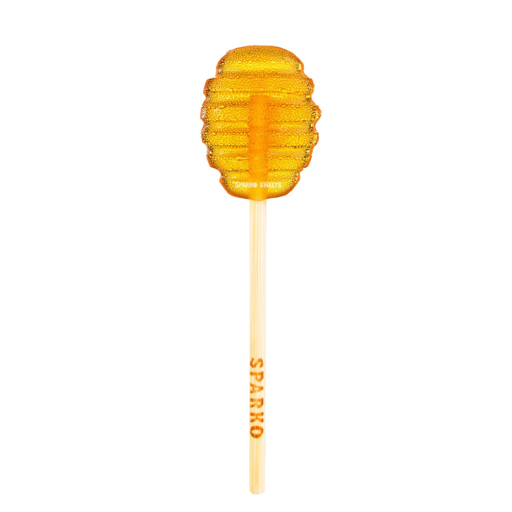 Manufacturer photograph of one amber honey-dipper-shaped Sparko Sweets lollipop on a bamboo stick