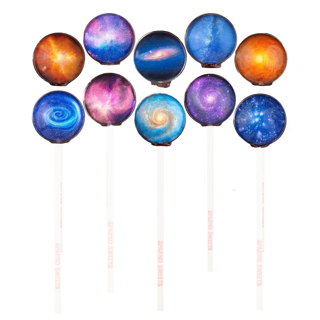 Manufacturer photograph of ten round spherical Universe Designs galaxy lollipops in assorted cosmic colors