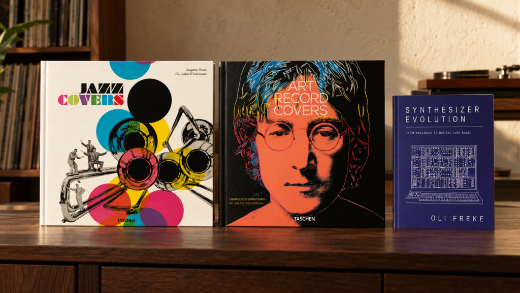 Jazz Covers and Art Record Covers square hardcovers beside the smaller Synthesizer Evolution paperback on a walnut console in a listening room. AI-assisted editorial arrangement.