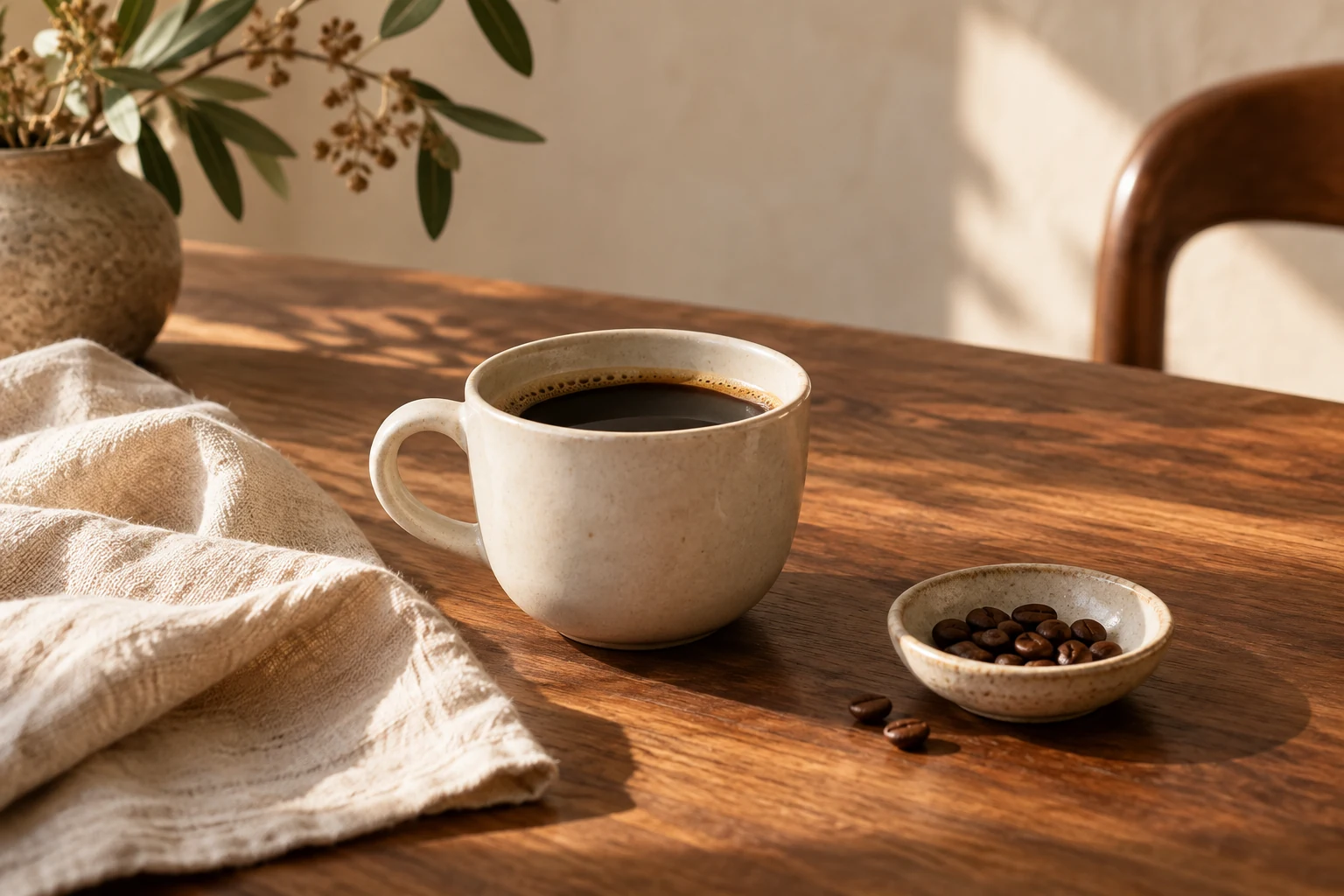 A quiet coffee setting with ceramic cups and brewing objects on a warm wooden surface.
