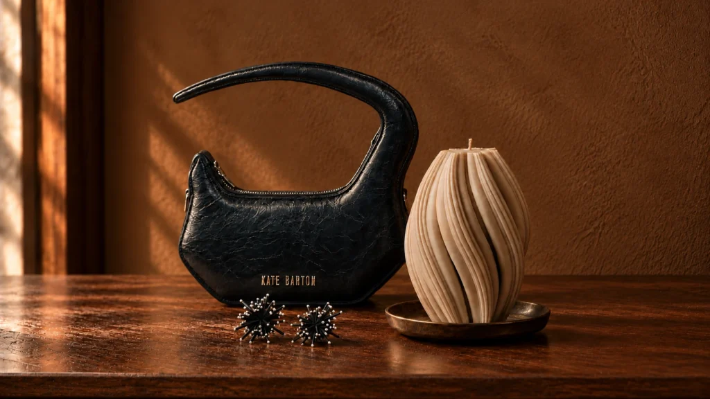 Sandstone LAWA Swirl Candle, dark navy Kate Barton bag and black Oscar de la Renta firework earrings on a walnut tabletop.