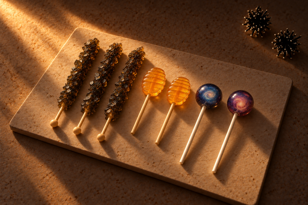 AI-generated editorial still life of three black crystal candy sticks, two amber molded honey pops and two spherical galaxy lollipops on a flat stone board, with decorative black earrings and warm diagonal evening light
