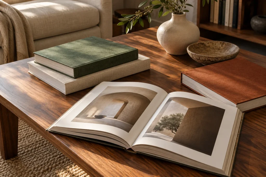 Design books on a walnut table in warm afternoon light; an AI-generated editorial illustration.