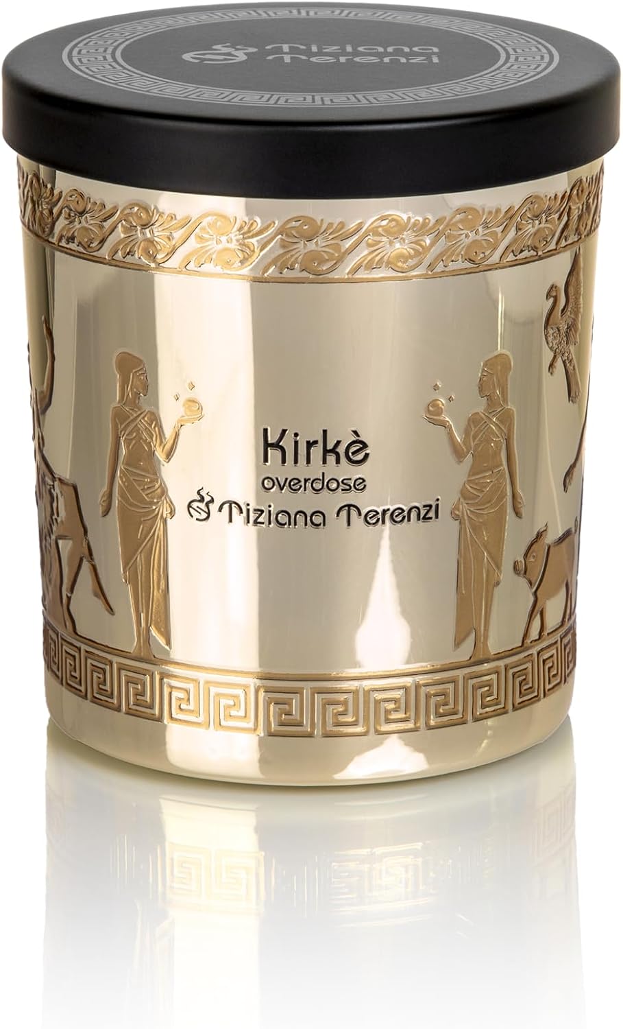 Actual Kirke Overdose 200g gold glass candle with Greek-key trim, mythological figures and a flat black lid.