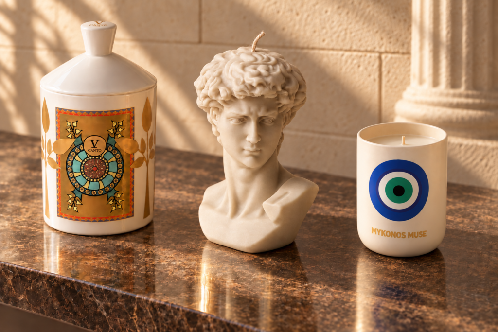 AI-generated editorial arrangement of Arkano della Fortuna, a LAWA David Bust Candle and a smaller Assouline Mykonos Muse candle on brown stone against a Greek temple-inspired limestone wall and fluted column. All unlit; relative scale is illustrative.